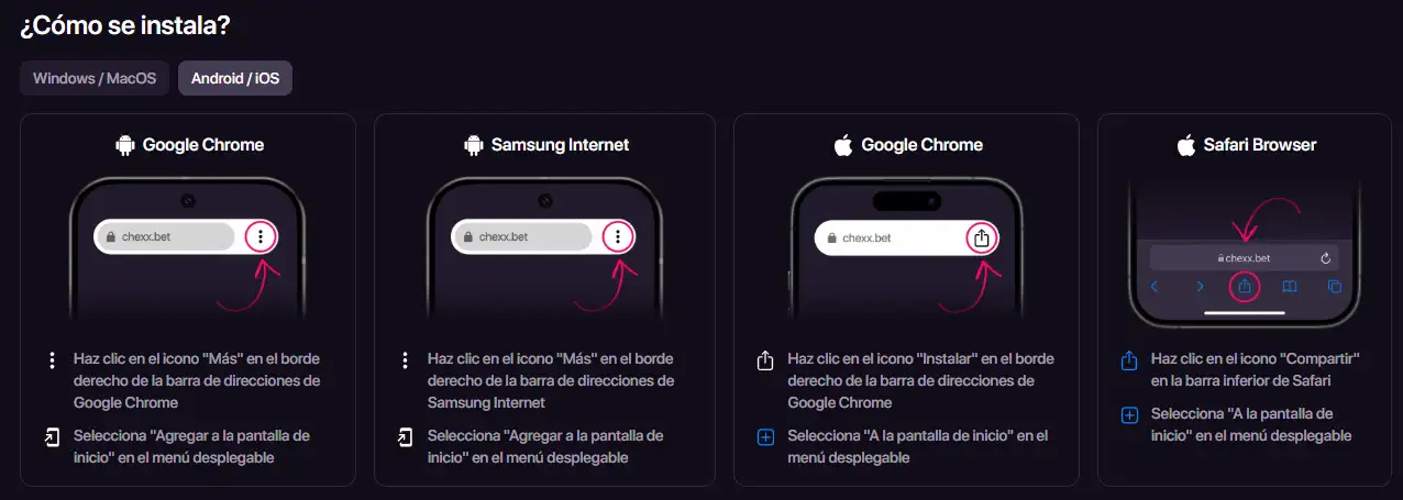 Página oficial de CHEXX para instalar la PWA