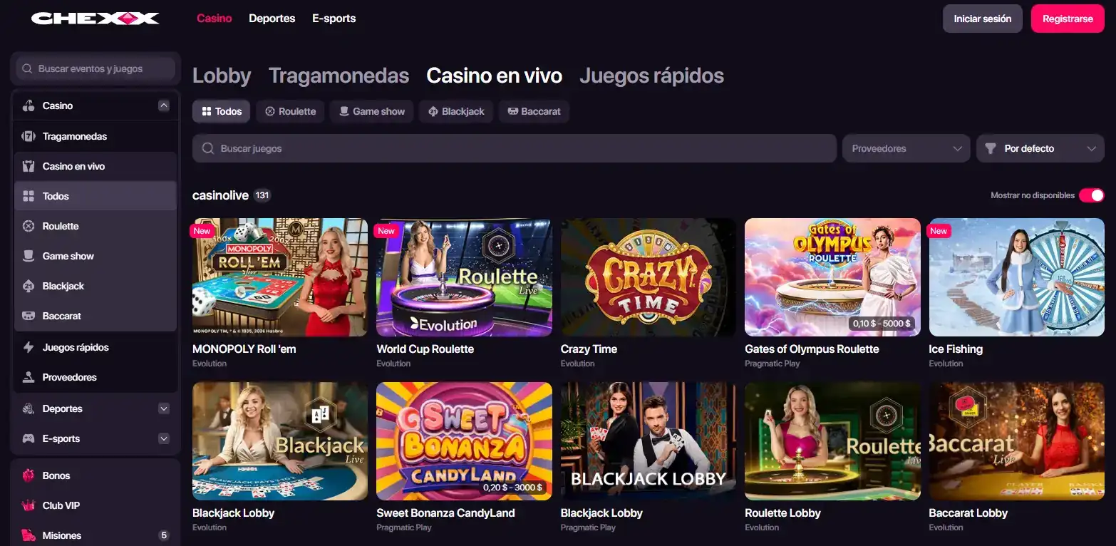 Sección actual de casino en vivo de CHEXX con categorías de mesas