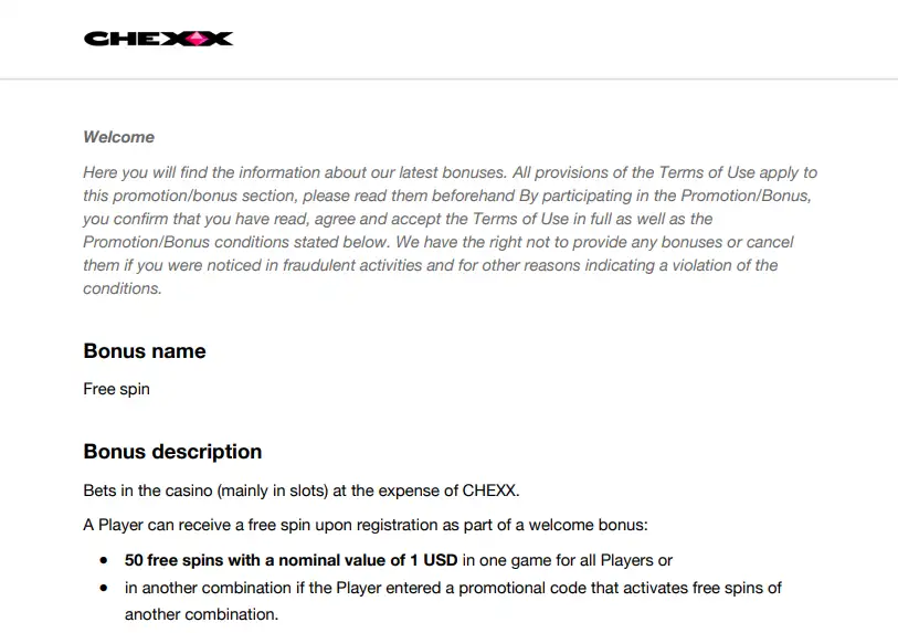 Captura de los términos oficiales de giros gratis de CHEXX