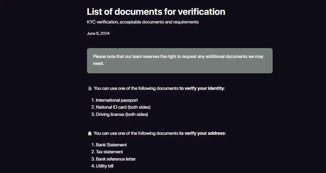 Artículo oficial de CHEXX con la lista de documentos para verificación KYC
