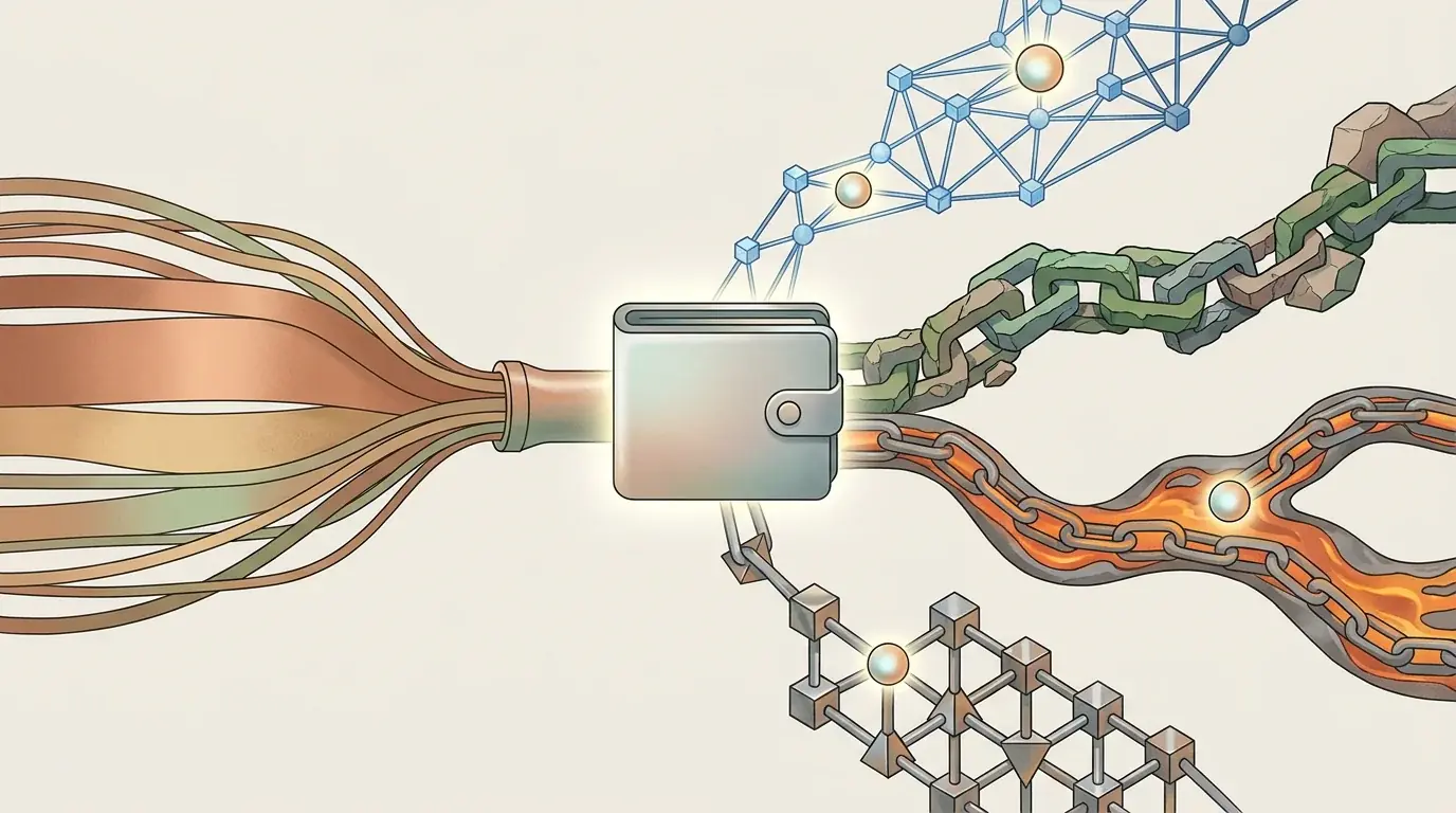 Ilustración editorial de una wallet conectada con varias redes blockchain y un flujo externo desde CLP
