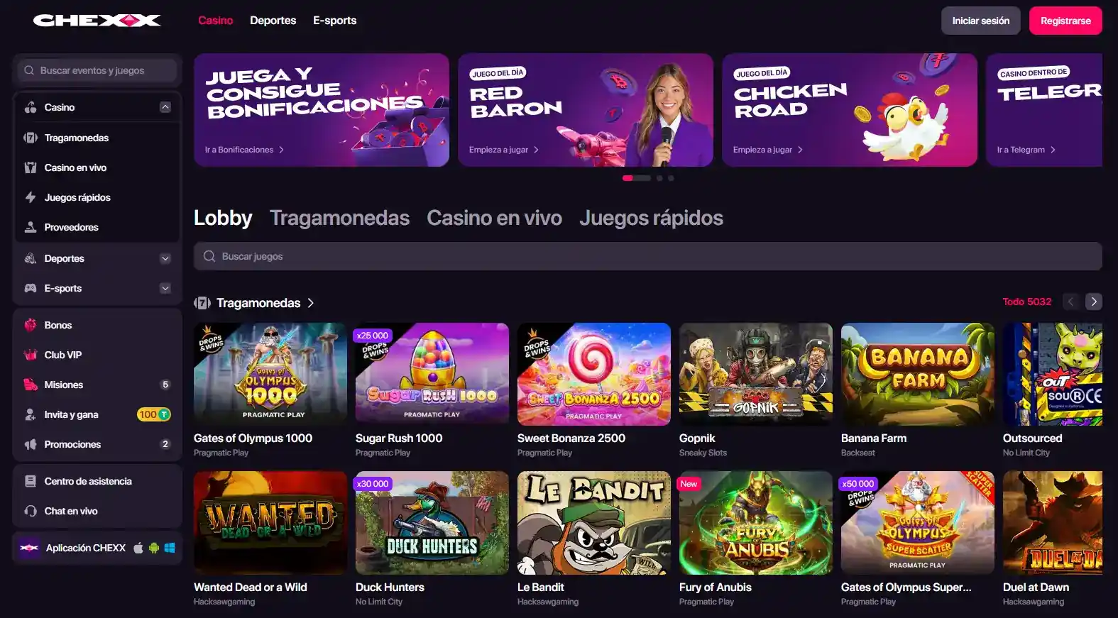 Lobby actual de juegos de CHEXX con categorías y proveedores