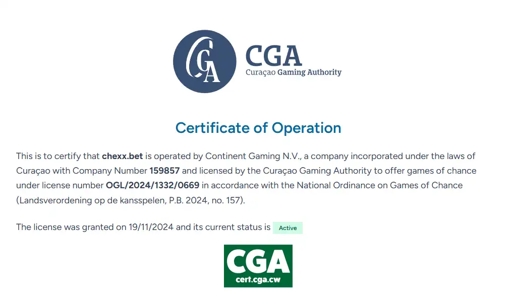 Certificado de operación de chexx.bet emitido por la Curaçao Gaming Authority