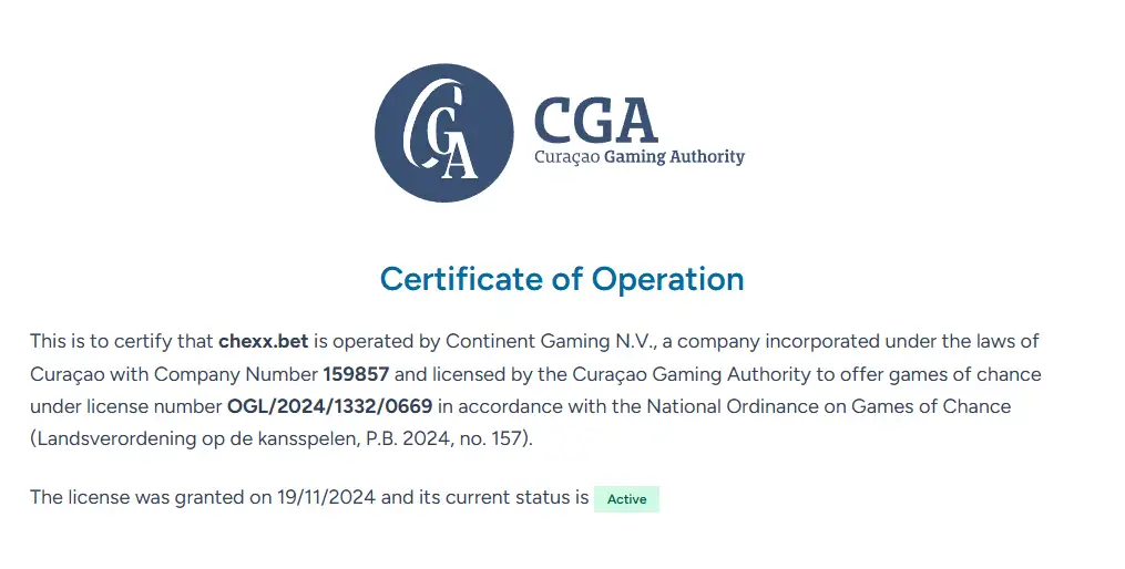 Certificado de operación de chexx.bet en la Curaçao Gaming Authority